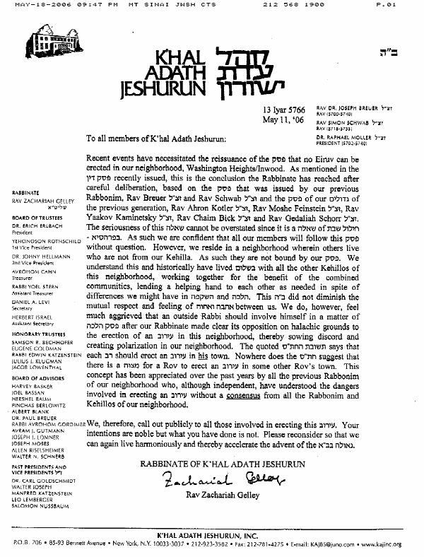 Letter opposing the eruv
